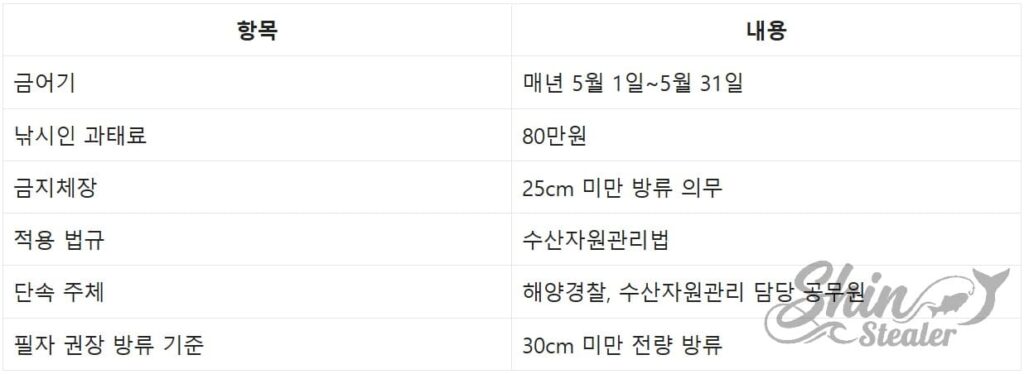 감성돔 포획 금지 체장(25cm 이하) 기준 및 위반 시 부과되는 과태료(800,000원) 등 법적 처벌 수치 상세 참조표.