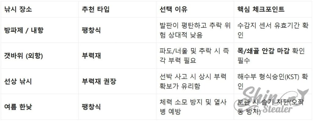 방파제, 갯바위, 선상 등 낚시 장소 및 환경에 최적화된 구명조끼 유형 선정 참조 차트.