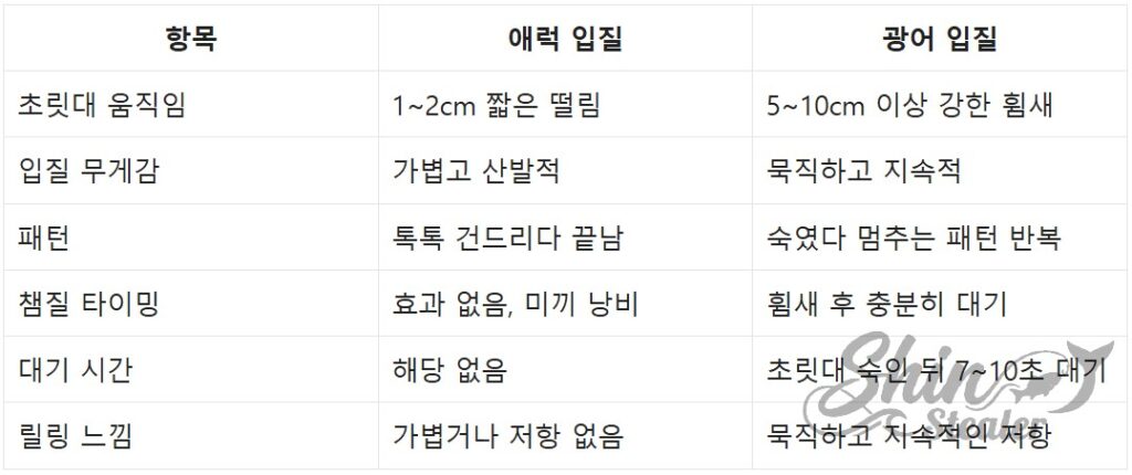 잔입질이 많은 우럭(노래미)과 달리 묵직하게 가져가는 광어 특유의 입질 파형 차이 및 챔질 타이밍(Hook-setting) 결정을 위한 대상어종별 입질 메커니즘 상세 분석표.