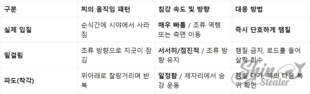 실제 입질, 밑걸림, 파도 영향에 따른 찌의 침강 속도 및 방향성 차이 기술 분석표.