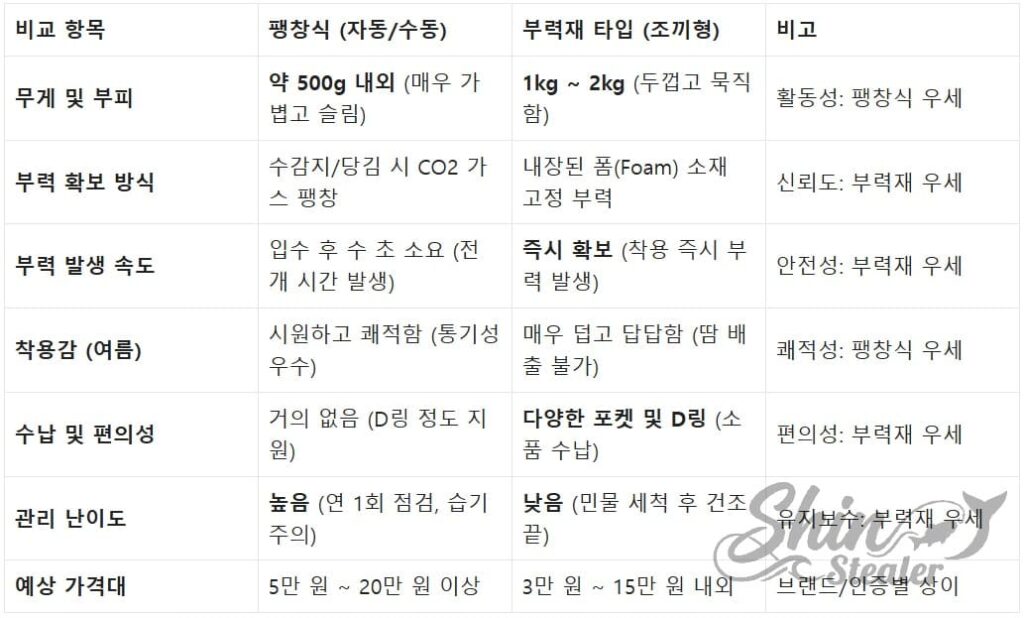 팽창식과 고체식 구명조끼의 부력 유지력, 착용감, 유지보수 편의성 및 내구성 상세 기술 분석표.