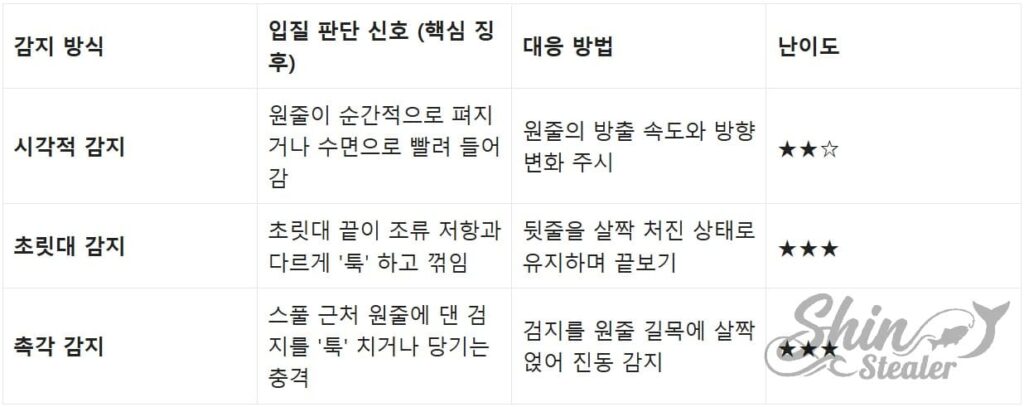 시각적 흐름, 초릿대 움직임, 손맛(촉각)을 활용한 입질 감지 방법별 특성 및 기술 비교표.