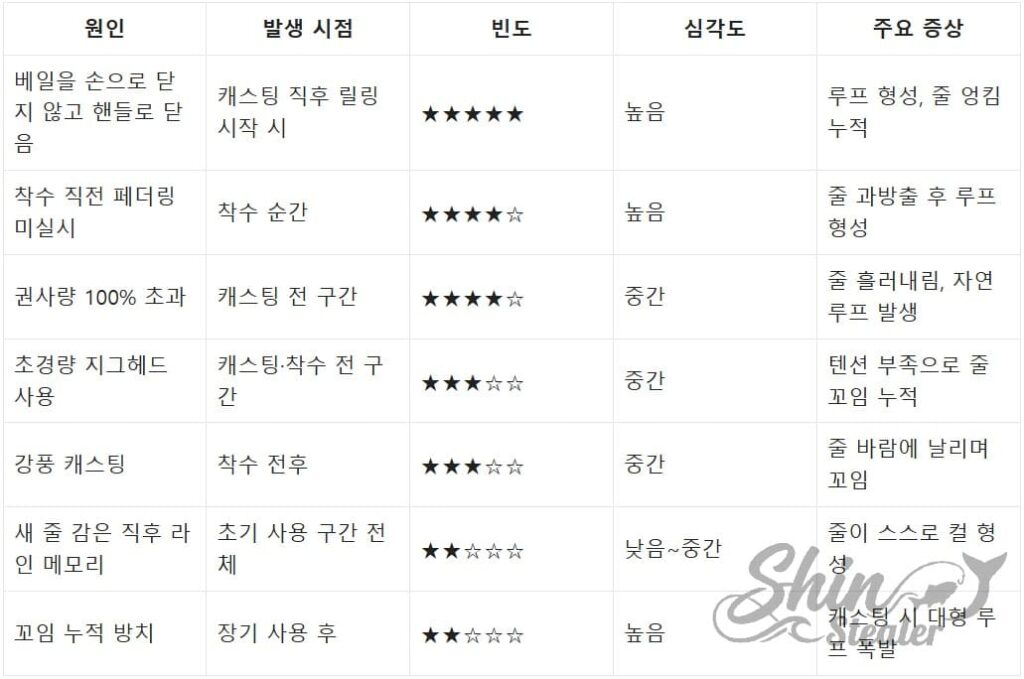 자동 베일 닫힘과 강풍 조건에서 발생하는 라인 꼬임(트위스트)의 빈도 및 심각도를 분석한 데이터 표.