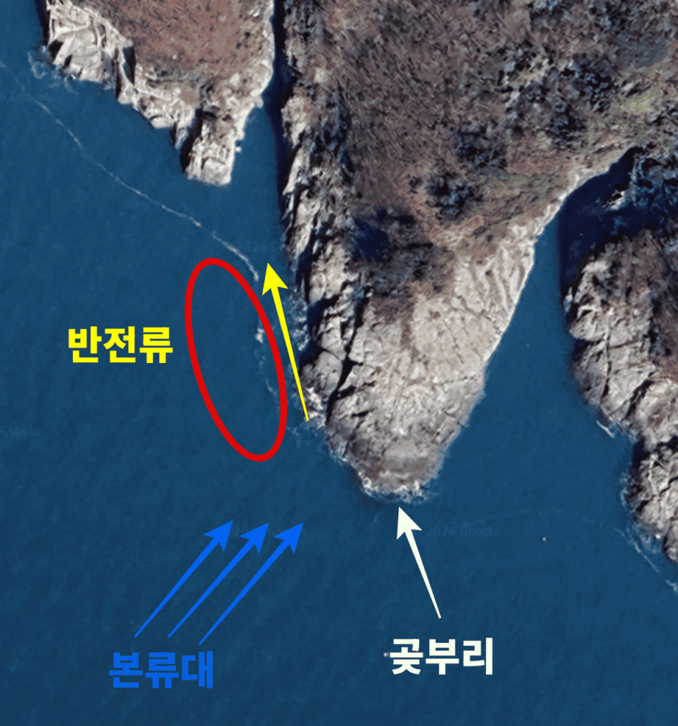 벵에돔 낚시 포인트 곶부리 반전류 형성 구간 분석도
