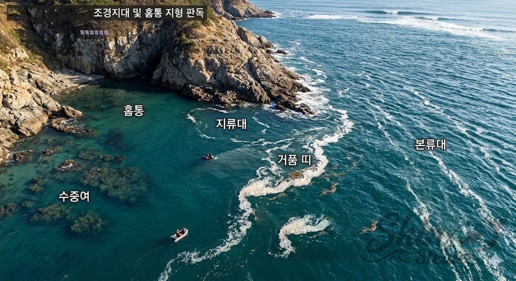 조경지대 본류와 지류가 만나는 감성돔 낚시 포인트 거품 띠와 정체 구간 판독법