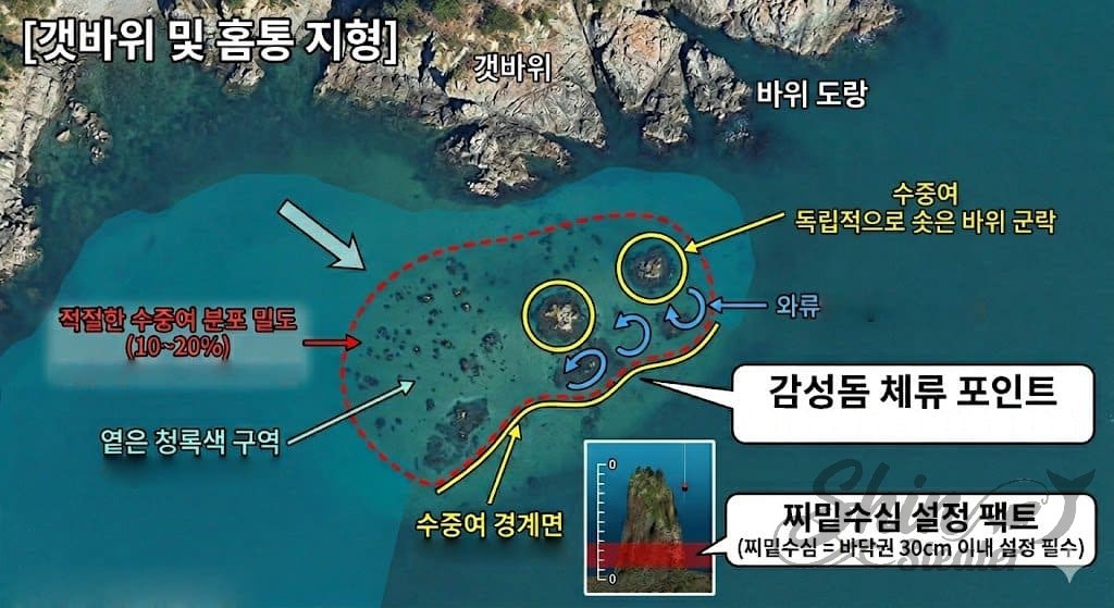 감성돔 갯바위 포인트 수중여 구조와 와류 구간을 활용한 찌밑수심 설정법