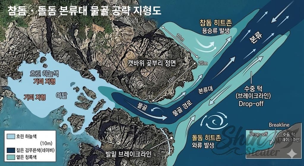 참돔과 돌돔 갯바위 낚시를 위한 수심 10m 이상 본류대 물골 지형과 수중 턱 브레이크라인(Drop-off) 판독법 안내 가이드 지형도