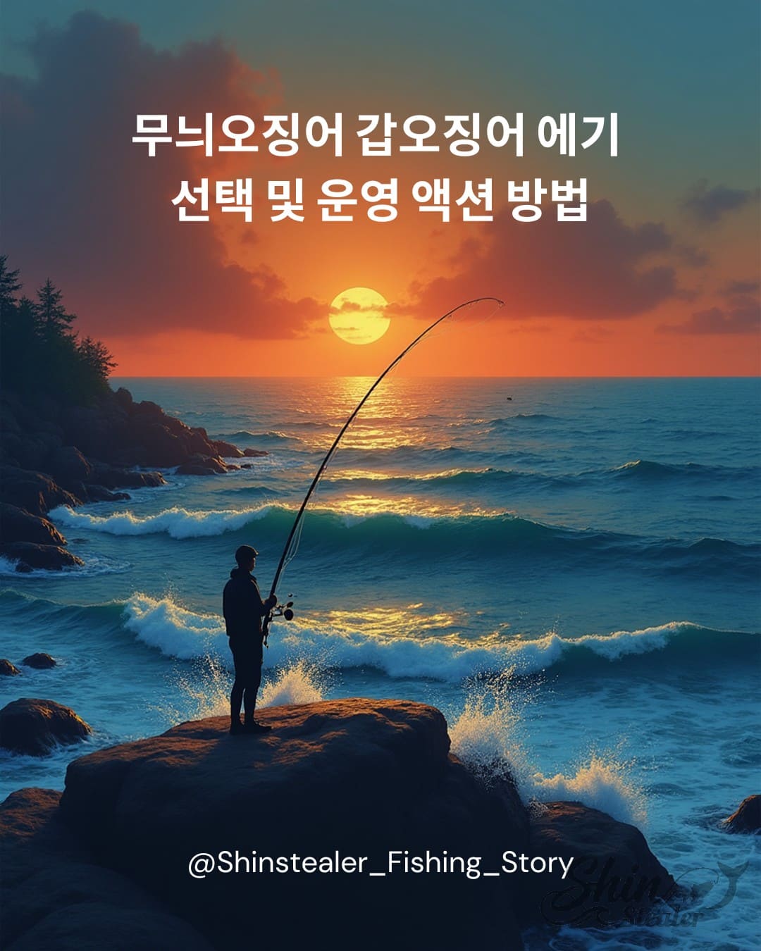 노을 지는 바다에서 낚시하는 낚시꾼과 무늬오징어 갑오징어 에기 선택 및 운영 액션 방법 가이드