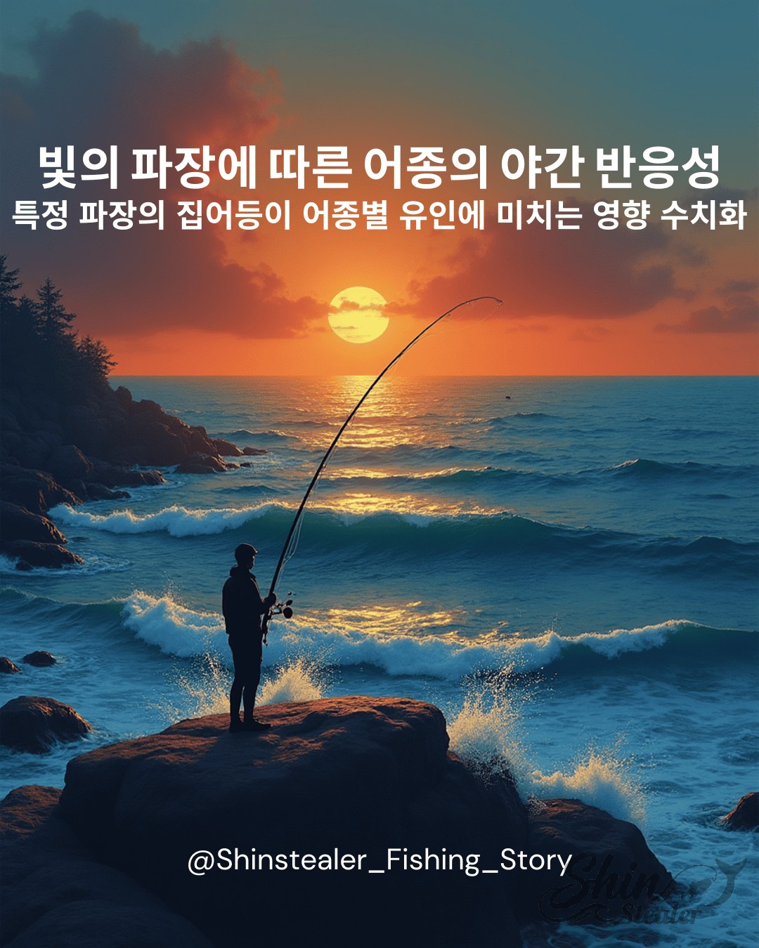 양을 배경으로 갯바위에서 낚시를 하는 조사 이미지 위에 '빛의 파장에 따른 어종의 야간 반응성'이라는 제목이 적힌 썸네일 이미지