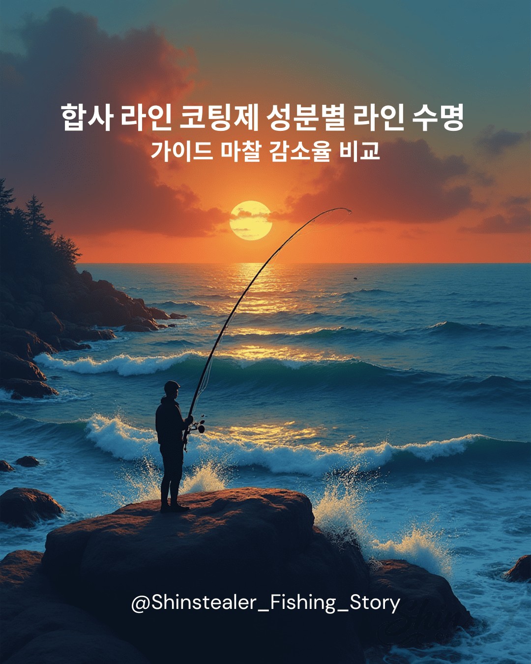 바다 위에서 낚시하는 사람의 실루엣 배경에 '합사 라인 코팅제 성분별 라인 수명 및 가이드 마찰 감소율 비교'라는 제목이 적힌 메인 이미지.