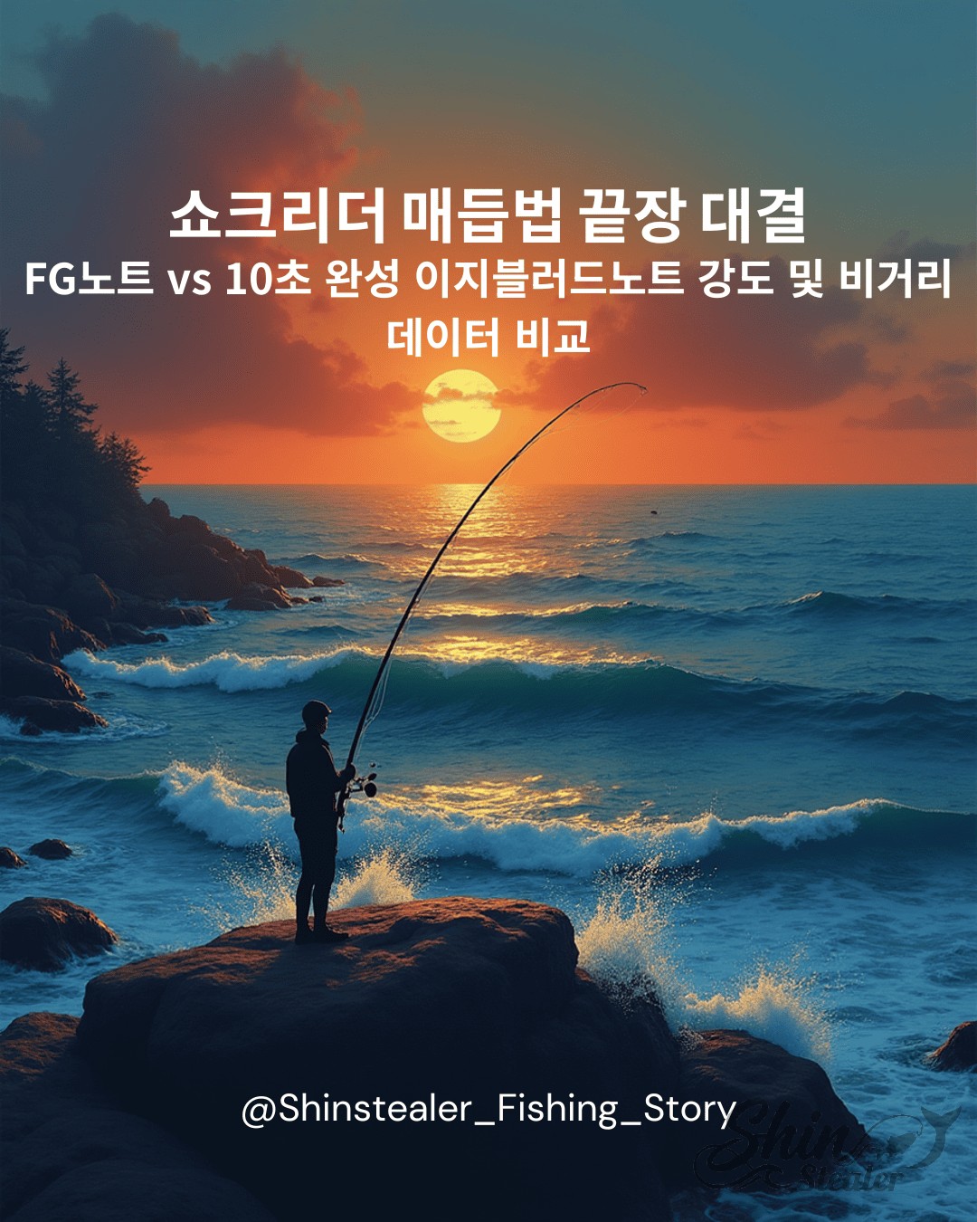 일몰 직전의 붉은 바다 갯바위 위에서 낚시꾼이 낚싯대를 들고 서 있는 배경에 '쇼크리더 매듭법 끝장 대결: FG노트 vs 10초 완성 이지블러드노트 강도 및 비거리 데이터 비교'라는 본문 제목이 명시된 블로그 메인 커버 이미지.