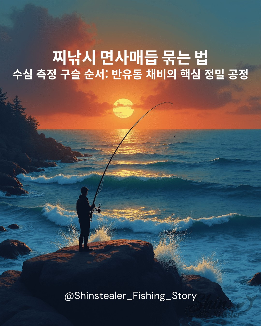 일몰을 배경으로 갯바위에서 바다 찌낚시를 하는 조사님의 모습과 함께 '찌낚시 면사매듭 묶는 법, 수심 측정 구슬 순서: 반유동 채비의 핵심 정밀 공정'이라는 타이틀 텍스트가 삽입된 블로그/인스타그램 메인 대표 이미지.